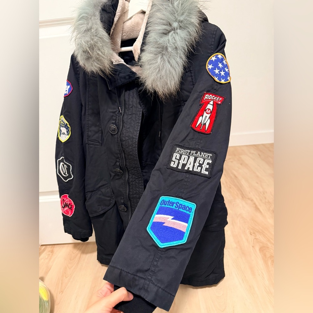 Moussy Black Utility Jacket with Patches and Fur Trim